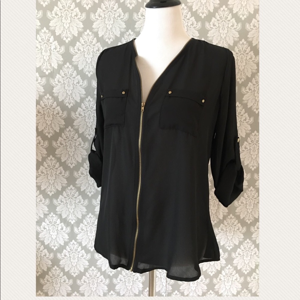 Zip Front Black Blouse